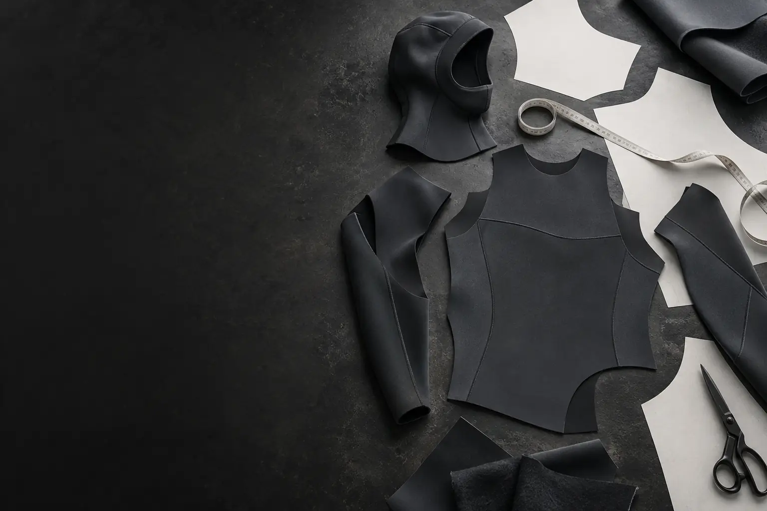 Concept image of wetsuit pattern pieces, fabric and measuring tools on a studio table.